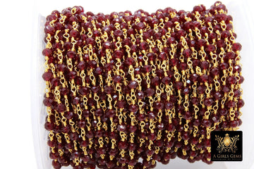 Gold Plated Deep Red Rosary Chain, Ruby Crystal 4 mm Unfinished Chains CH #308, Dark Red Jewelry Findings